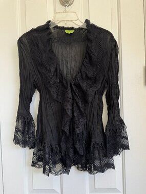 NWOT Agora Black Sheer Accordion Pleated Lace Embellished Top Front Opening Sz M